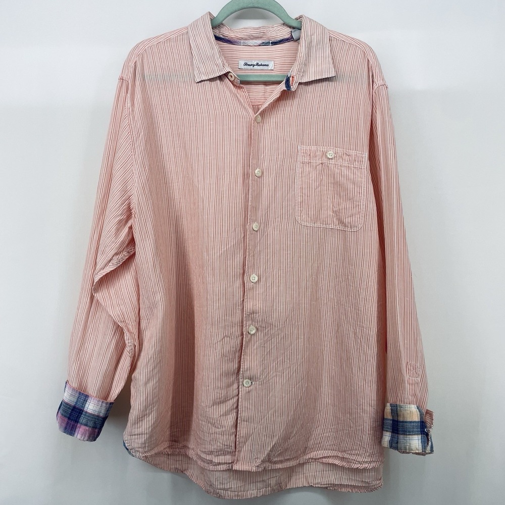 Tommy Bahama Size XL Pink Stripe Button Down‎ Shirt Long Sleeve Linen Blend